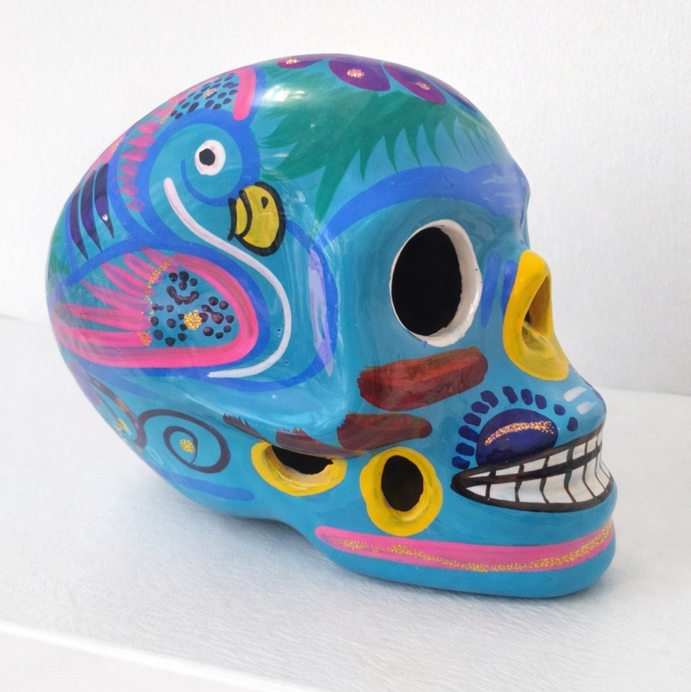 Large Hand Painted Ceramic Sugar Skull Made In Costa Maya, Mexico